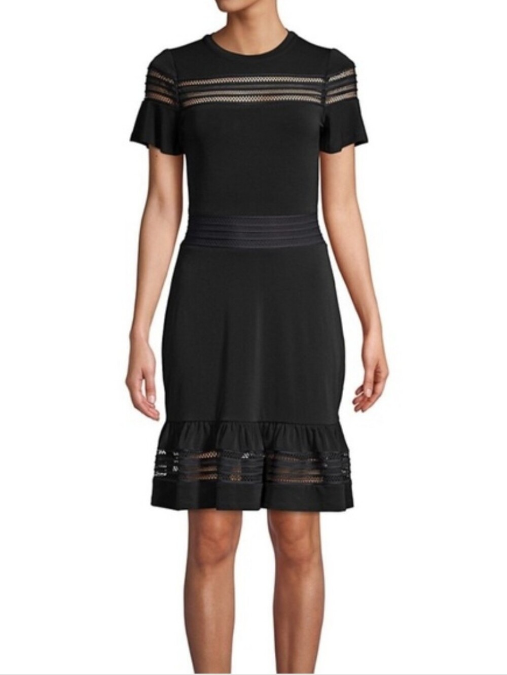 MK Michael Kors Black Short Sleeve Lace-Trim Fit & Flare Dress Size Small Womens